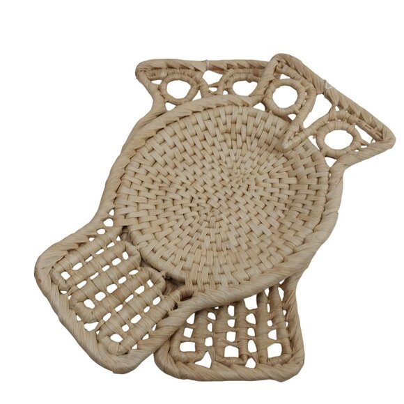 Set Of 2 Handwoven Straw Owl Baskets Wall Hanging Trivets Rustic Bohio Chic - Picture 3 of 7